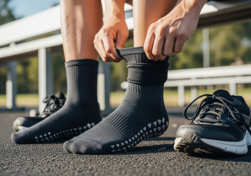 sprinter pushing off with grip socks