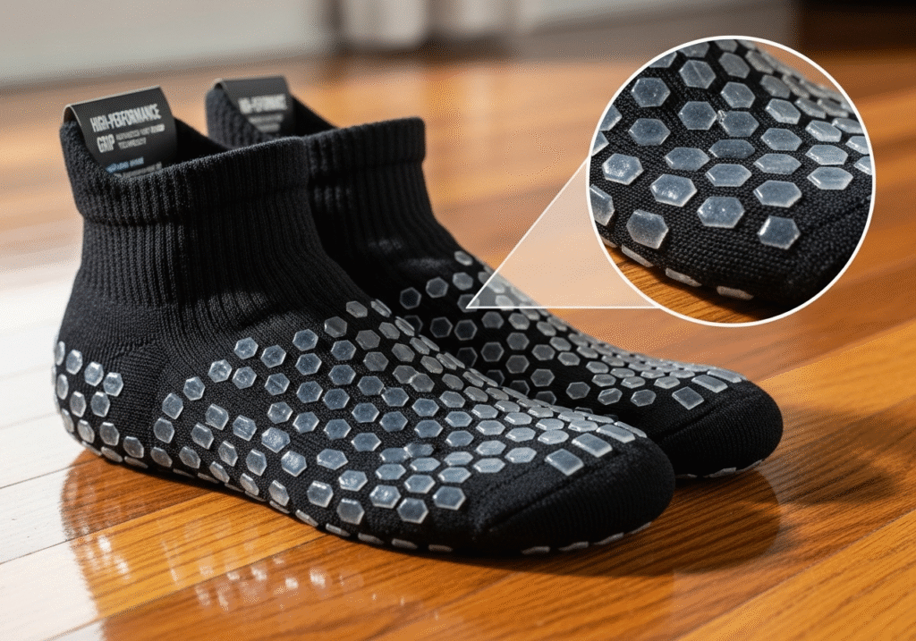 woman stable in yoga pose with grip socks
