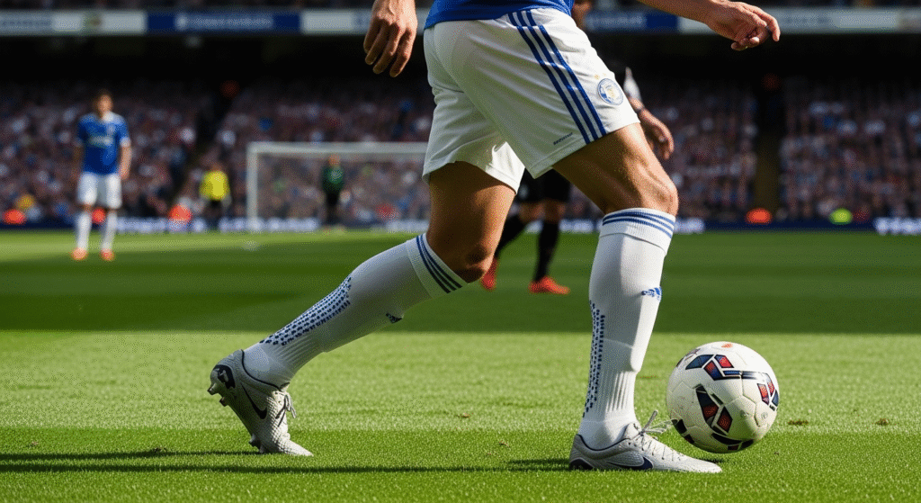 professional footballer putting on grip socks