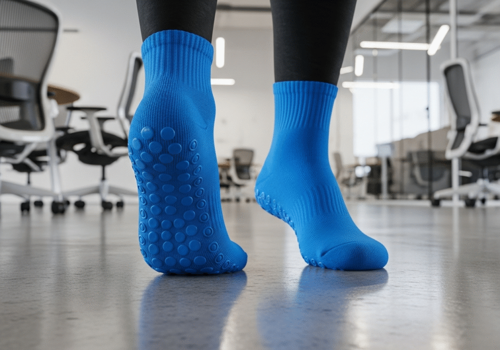 close-up of grip sock on a polished office floor
