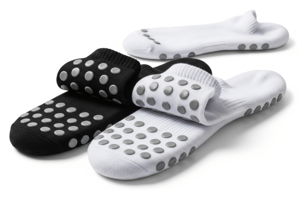 side-by-side comparison of a regular sock and a grip sock