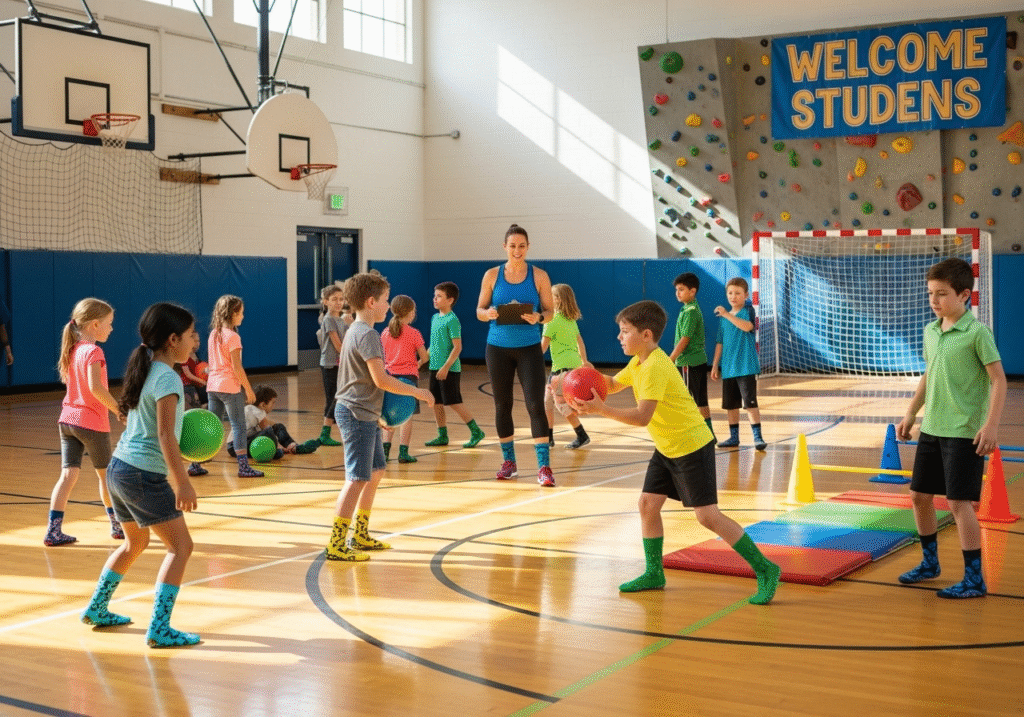 kids wearing grip socks in a school gym