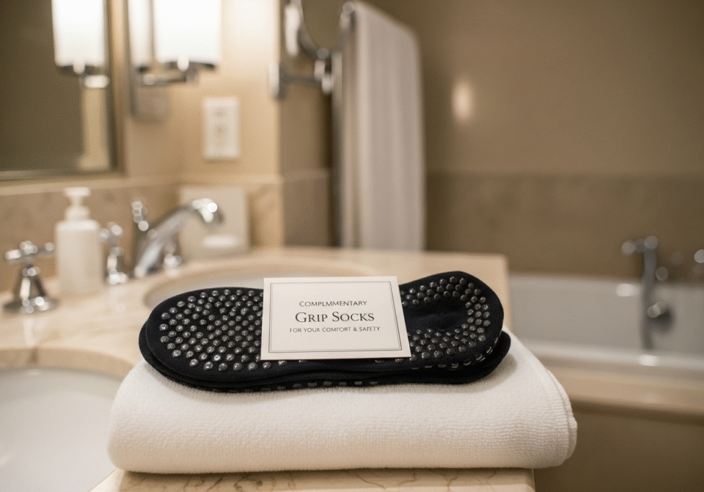 hotel room with grip socks on bed
