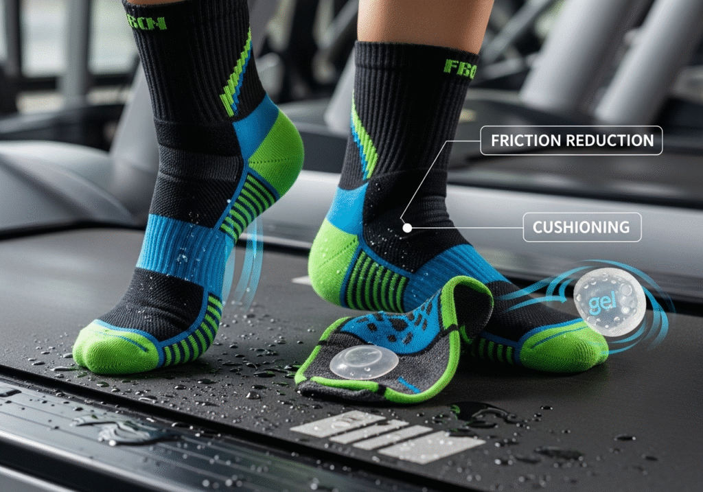person's feet with athletic socks in running shoes on a treadmill