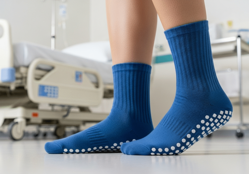 patient wearing hospital-issued grip socks