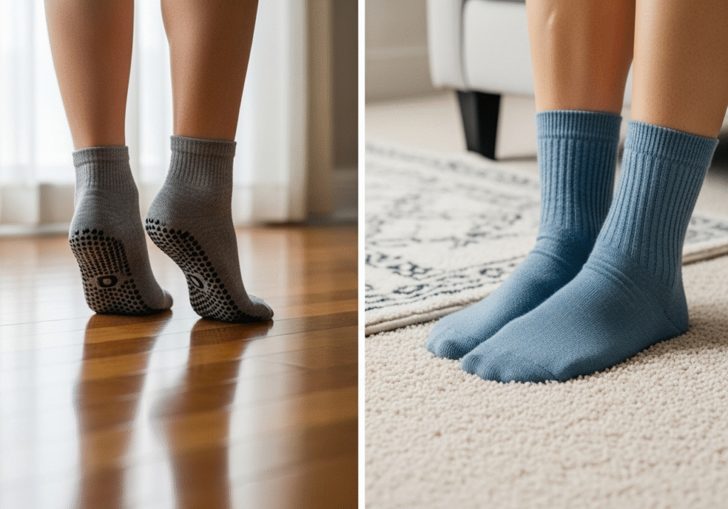 person wearing cozy grip socks at home on a wooden floor
