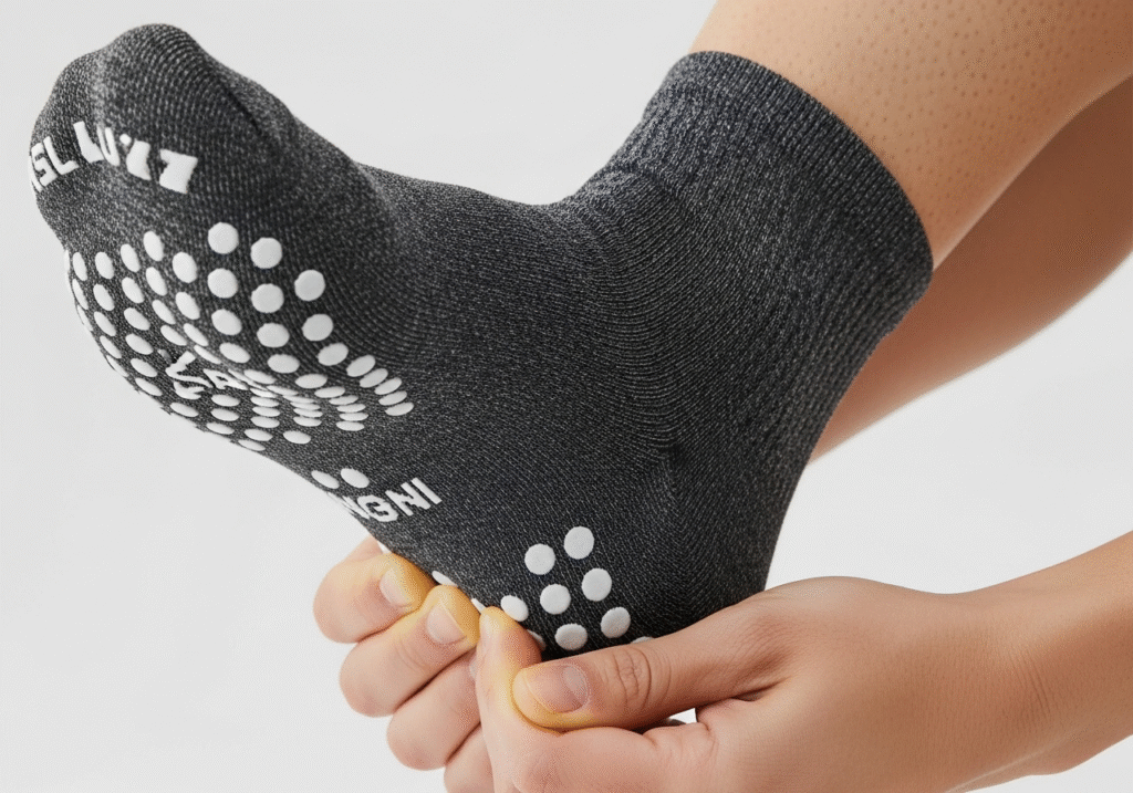 diagram showing how to put on a grip sock correctly