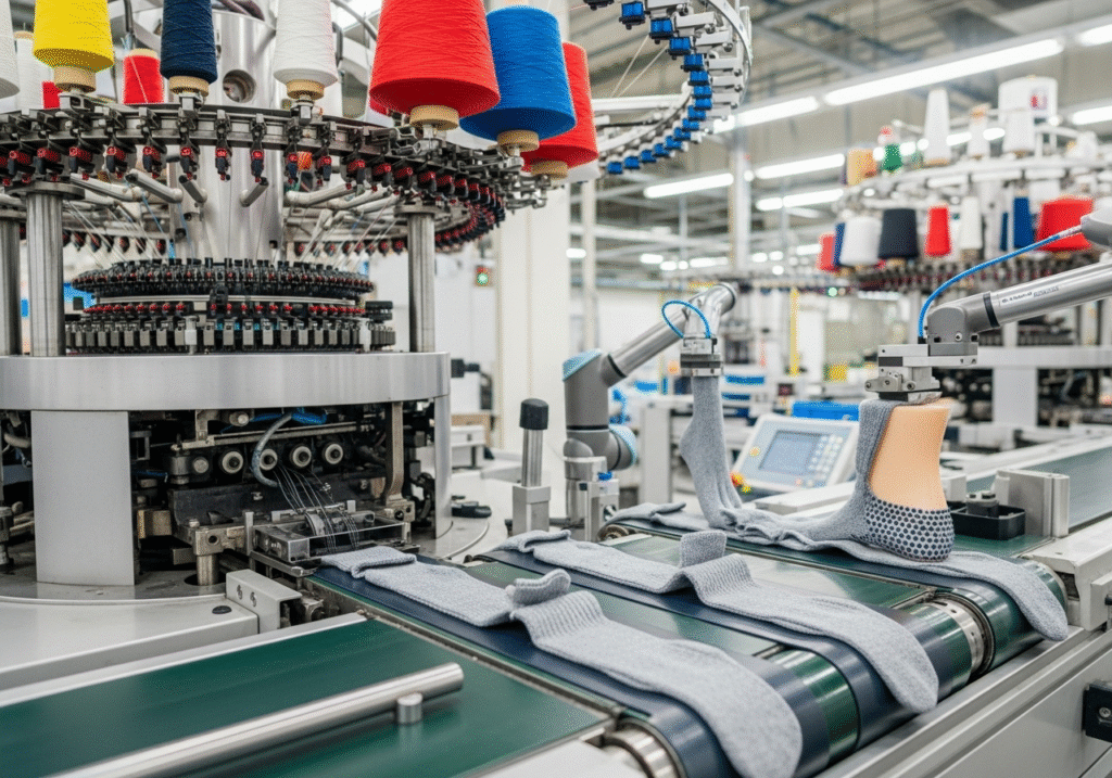 automated sock knitting machines in a row