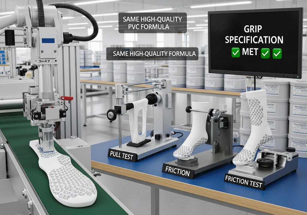 technician testing the grip performance of a sock
