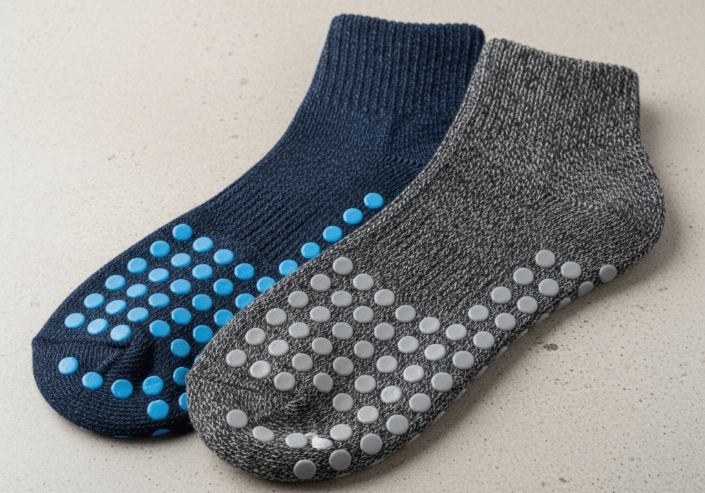 a comparison of a new grip sock and a worn but still functional grip sock