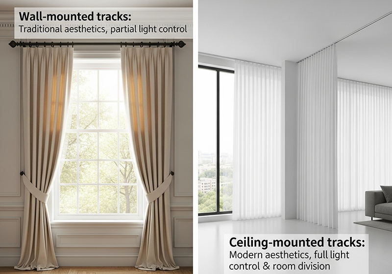 A side-by-side comparison of wall-mounted vs. ceiling-mounted tracks