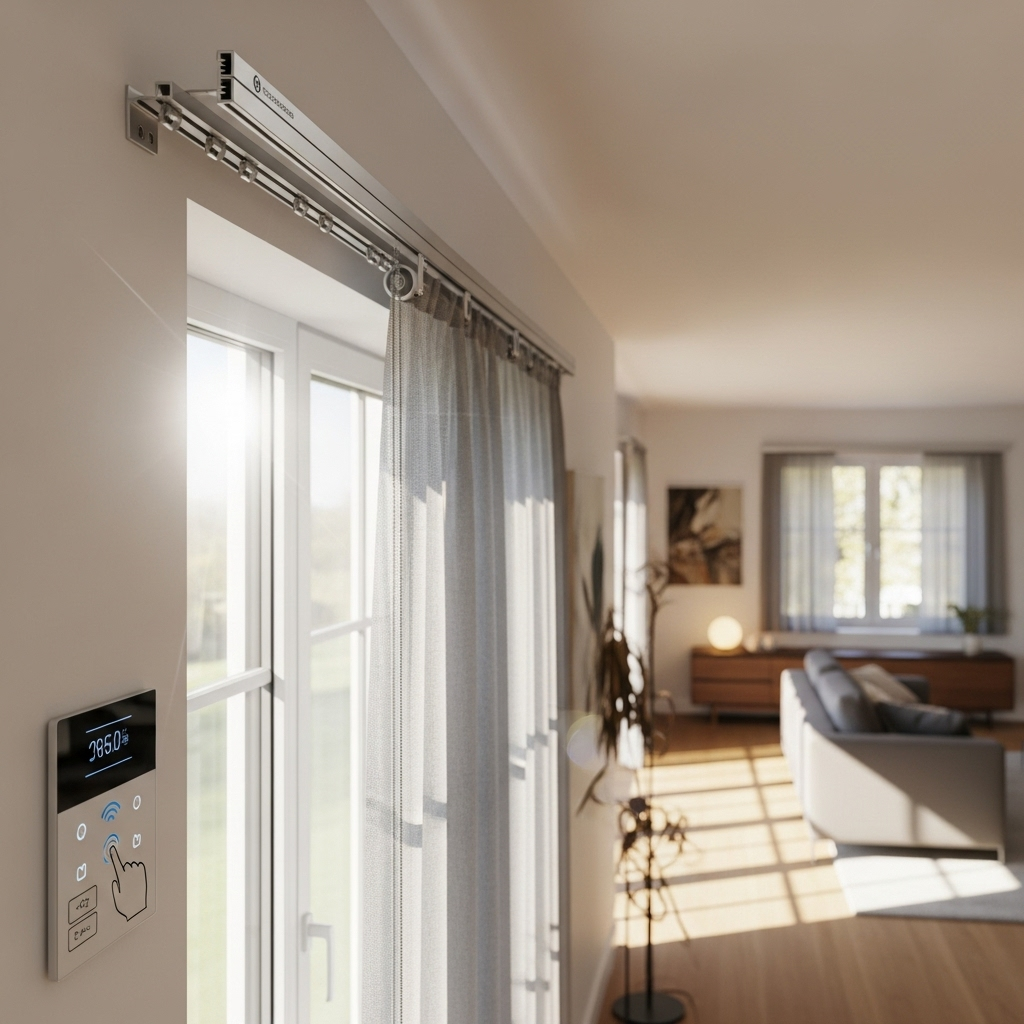 A sleek, motorized curtain track system in a modern German apartment
