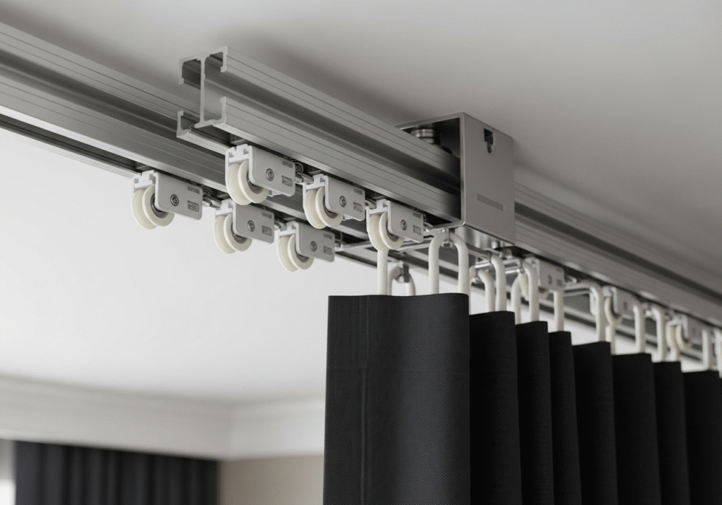 A close-up of a heavy-duty extruded aluminum I-beam curtain track with smooth ball-bearing gliders