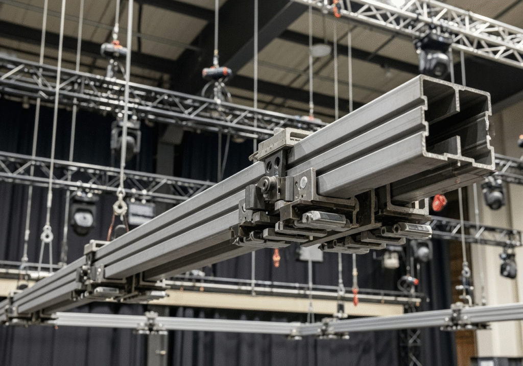 A close-up cross-section of a heavy-duty extruded aluminum box track for stage curtains