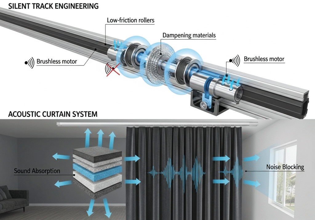 An infographic showing sound waves from outside being blocked by a thick curtain, while sound waves inside are absorbed by the fabric