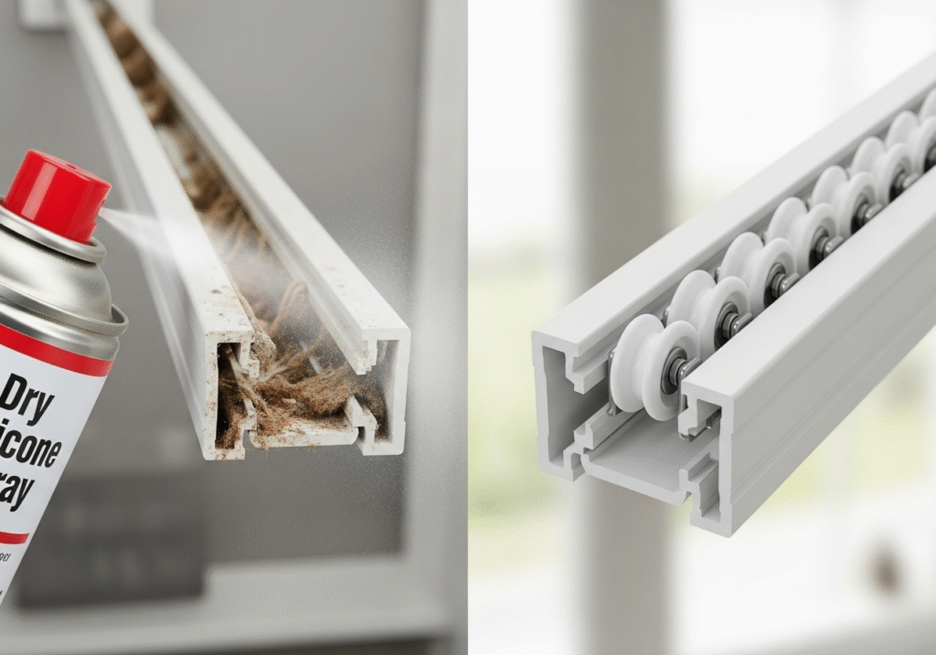 A close-up of roller gliders moving effortlessly inside a clean aluminum curtain track