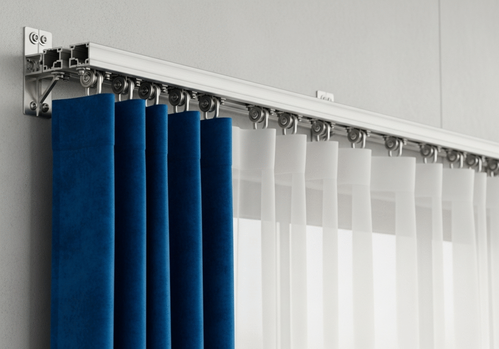 A close-up of a heavy-duty curtain track installed in a modern hotel lobby