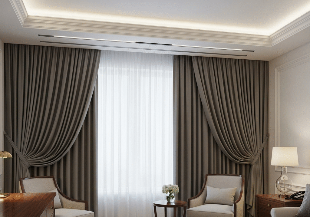 A wide-angle shot of a luxurious hotel suite with floor-to-ceiling curtains on a seamless recessed track