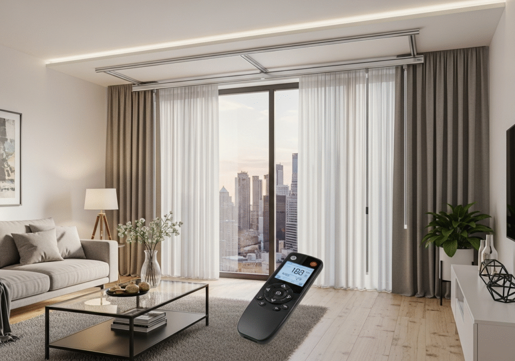 An infographic illustrating the return on investment from automated curtains, showing energy savings and productivity gains