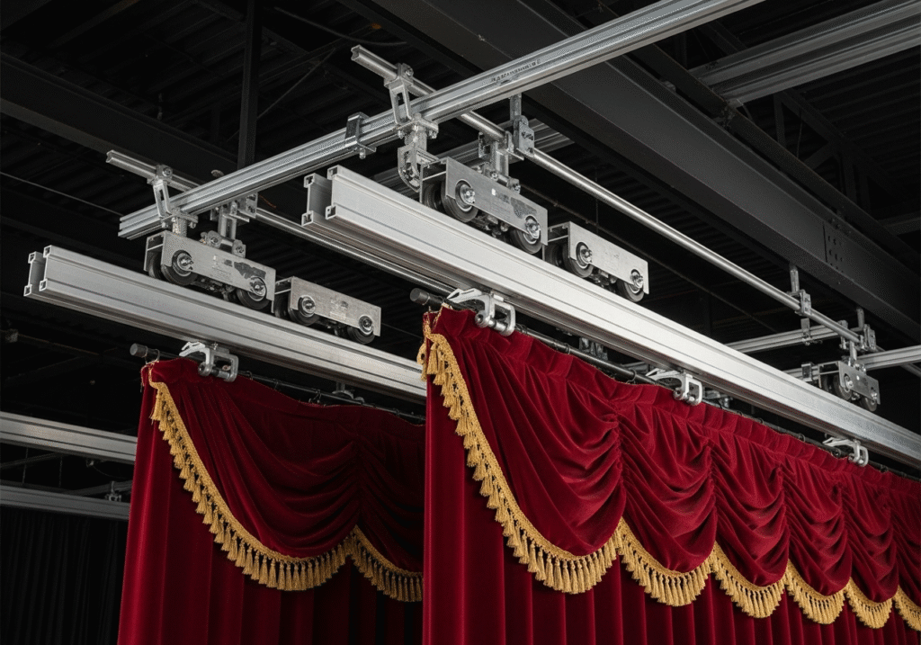A large theater stage with heavy red velvet curtains hanging from a barely visible, robust track system