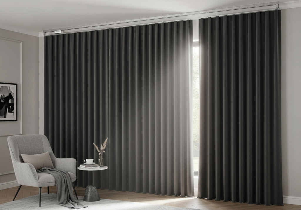 A quiet and luxurious hotel room with heavy blackout curtains drawn closed, suggesting a peaceful atmosphere