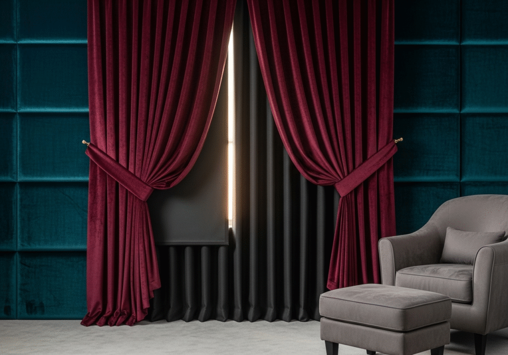 A close-up of the rich, thick texture of a navy blue velvet curtain