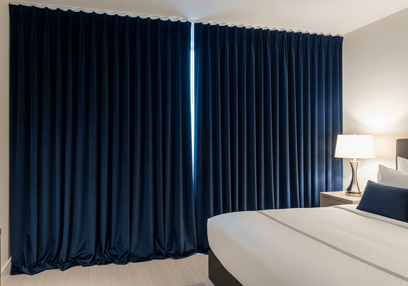 A dramatic floor-to-ceiling curtain in a hotel room