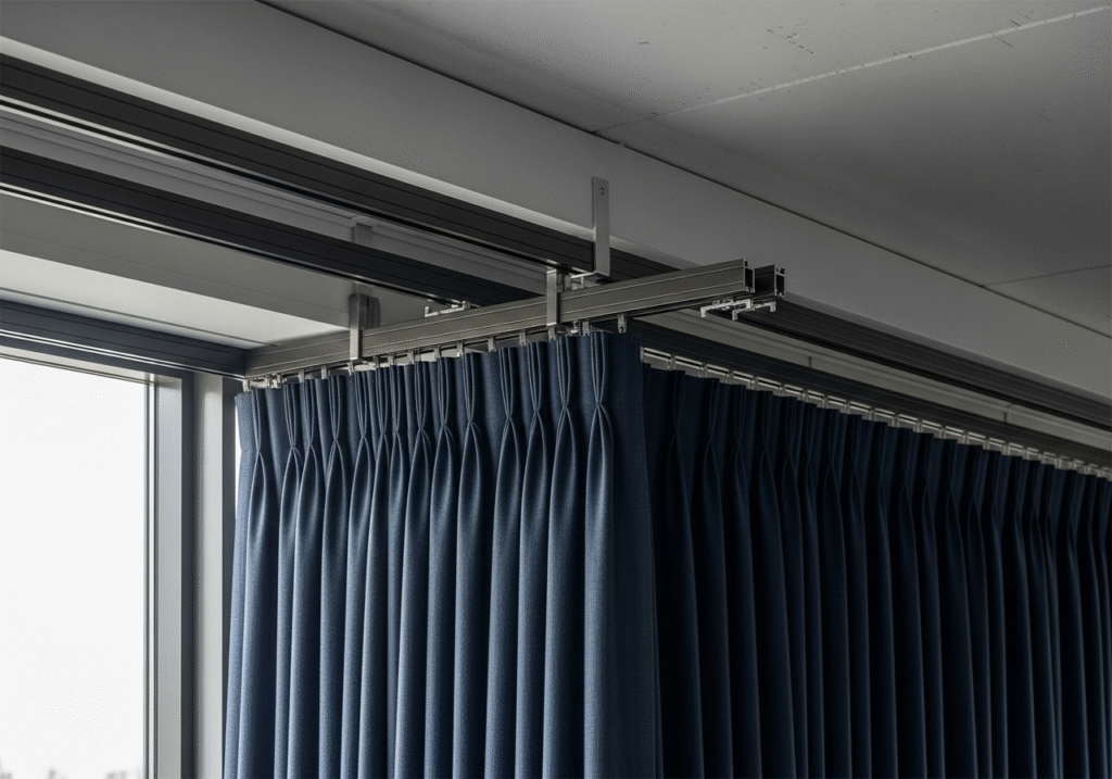 An example of a strong aluminum curtain rail holding heavy blackout curtains