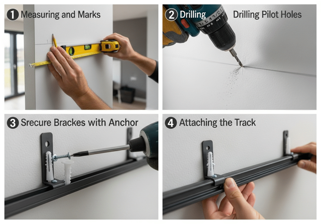 A diagram showing the step-by-step process of installing a curtain track