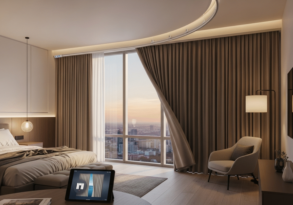 A guest relaxing in a hotel room, using a remote control to silently open motorized curtains