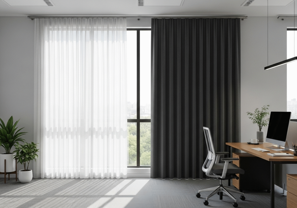 A dual curtain track system in an office, showing a sheer layer for daytime and a blackout layer for privacy