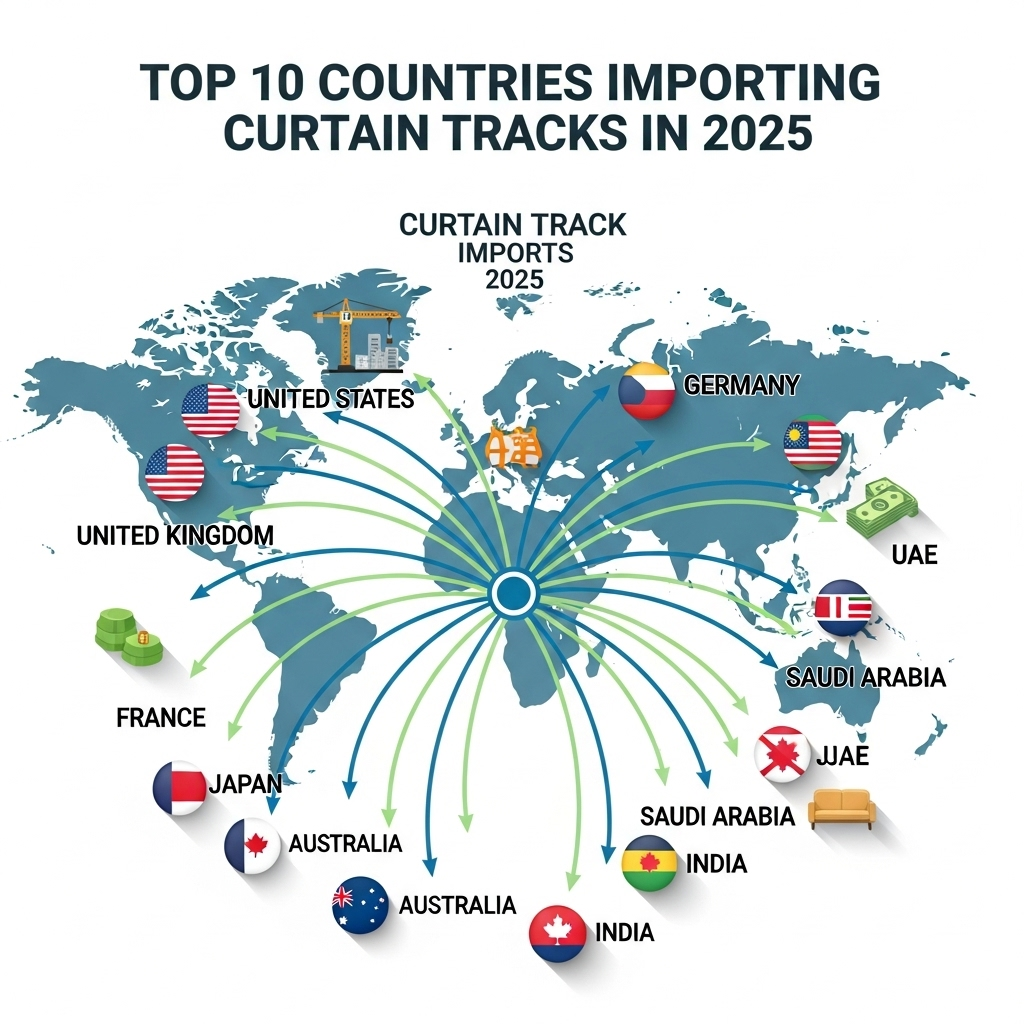 A world map highlighting the top 10 curtain track import countries for 2025