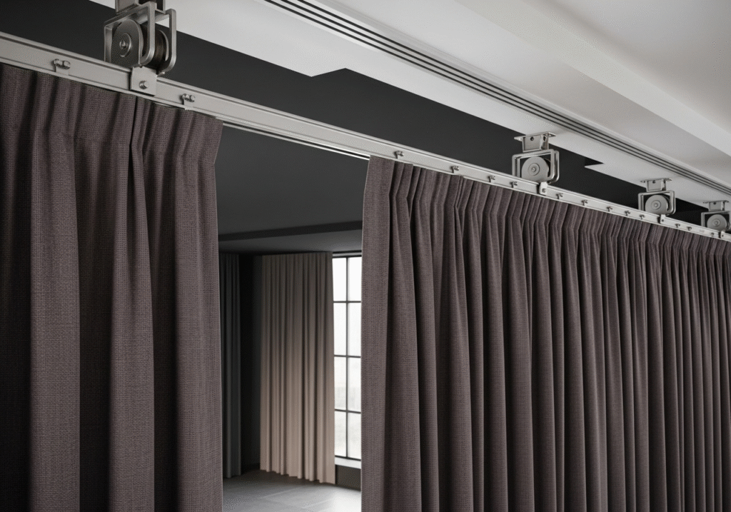 Heavy-duty curtains hanging perfectly on a long-span track in a theater