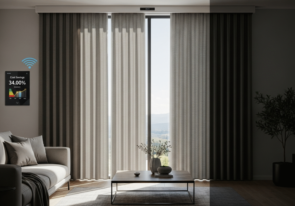 A curved, flexible curtain track installed in a bay window