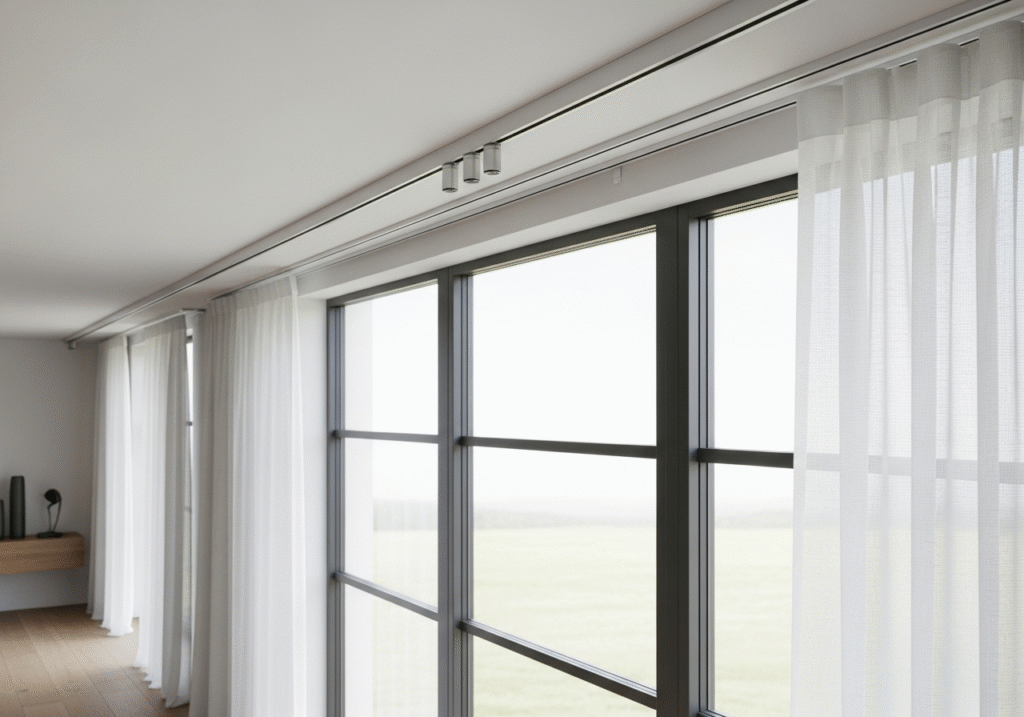 An ultra-modern, minimalist room with a curtain track recessed into the ceiling for an invisible look