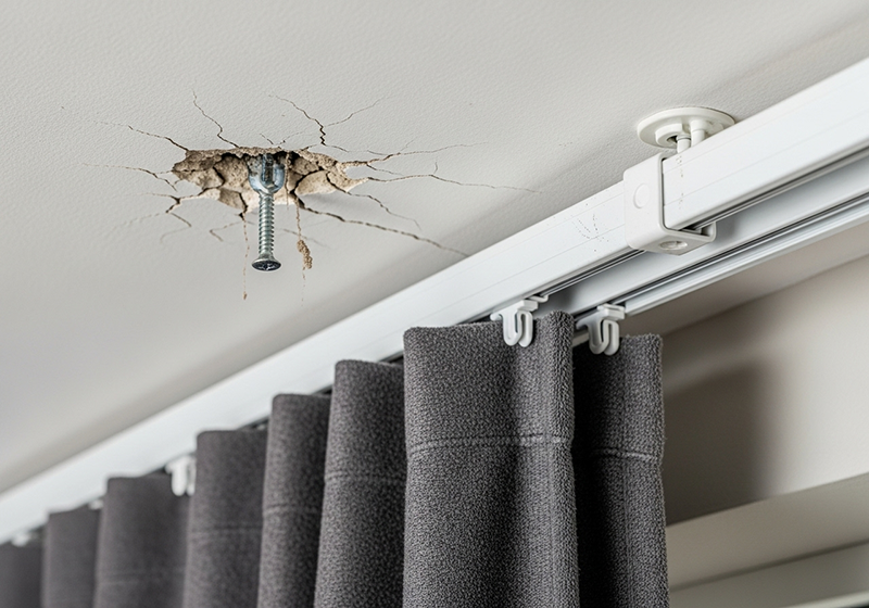 An installer checking ceiling support before track installation