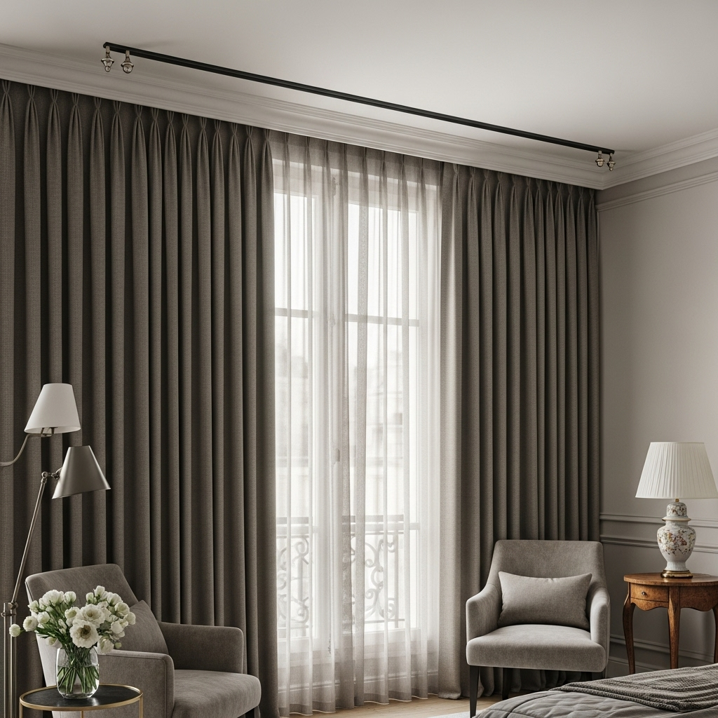 A designer hotel room in Paris featuring a decorative brass curtain track
