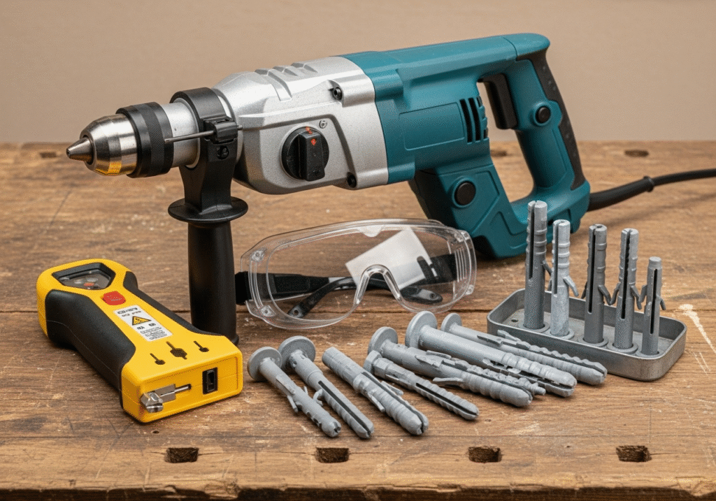 An installer on a ladder using a drill to mount a track to a ceiling
