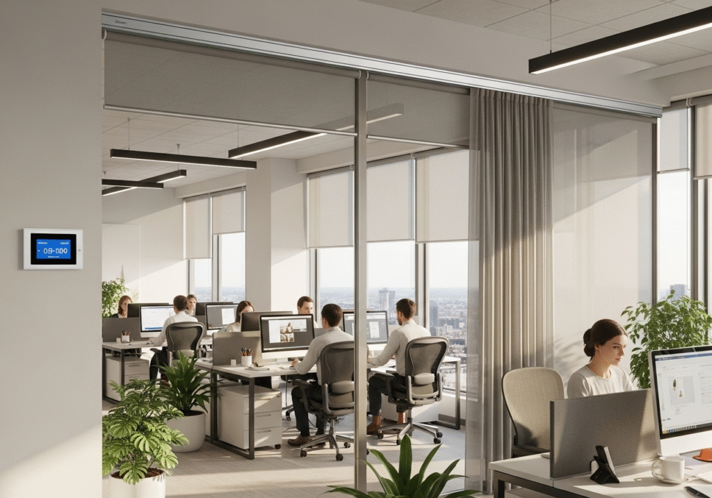 A sleek, modern office with floor-to-ceiling windows and automated curtains partially drawn to reduce glare