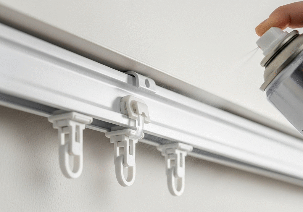 A close-up of roller gliders moving effortlessly inside a heavy-duty curtain track
