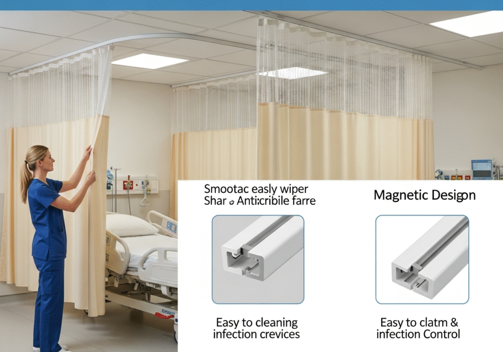 A clean, modern hospital room with a discreet magnetic curtain track system around the bed