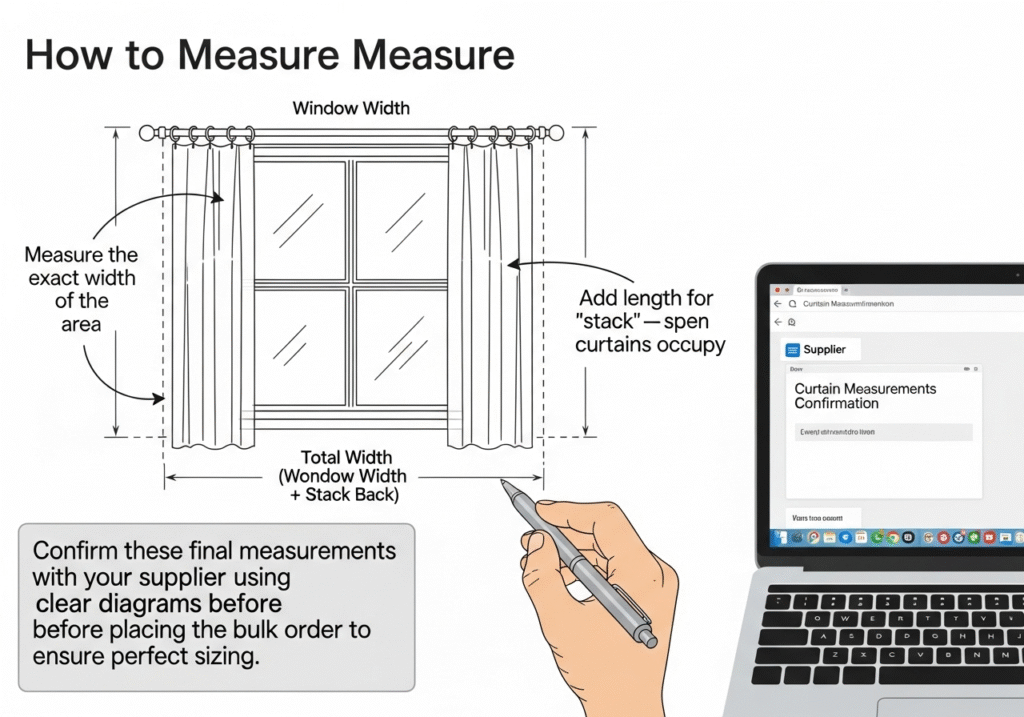 A clear diagram showing how to measure a window and add extra length for curtain stack back