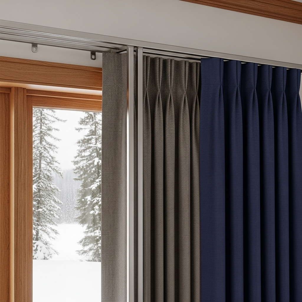 A double curtain track system with sheer and blackout curtains in a Canadian living room