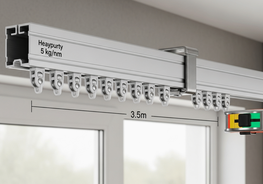 A blueprint showing technical specifications for a curtain track system