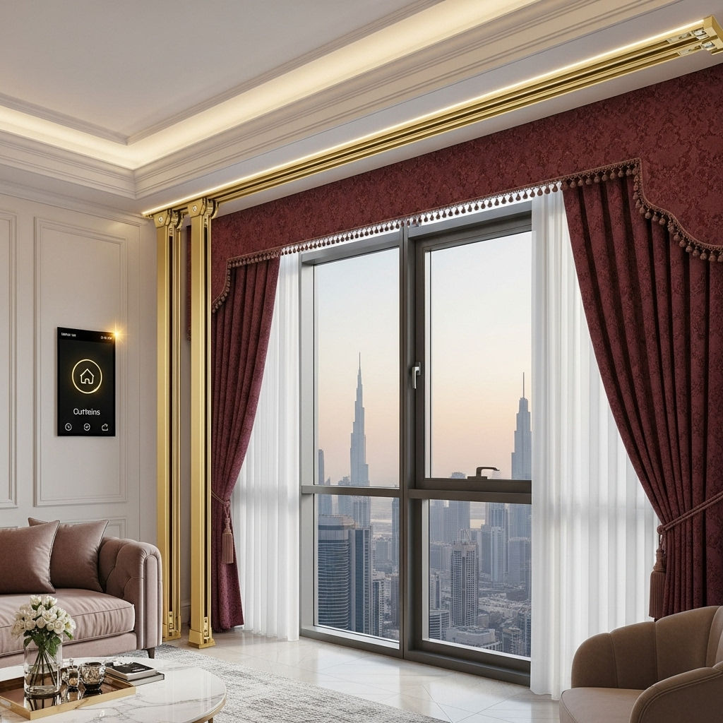 An opulent hotel suite in Dubai with gold-finished motorized curtain tracks