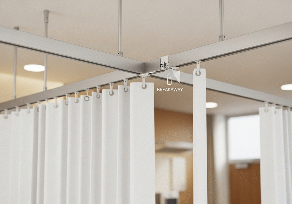An illustration showing how a magnetic curtain track breaks away safely under a specific load