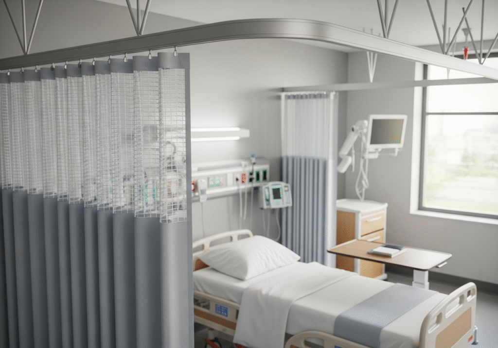 A side-by-side comparison of a new hospital curtain and one that is worn and frayed at the top