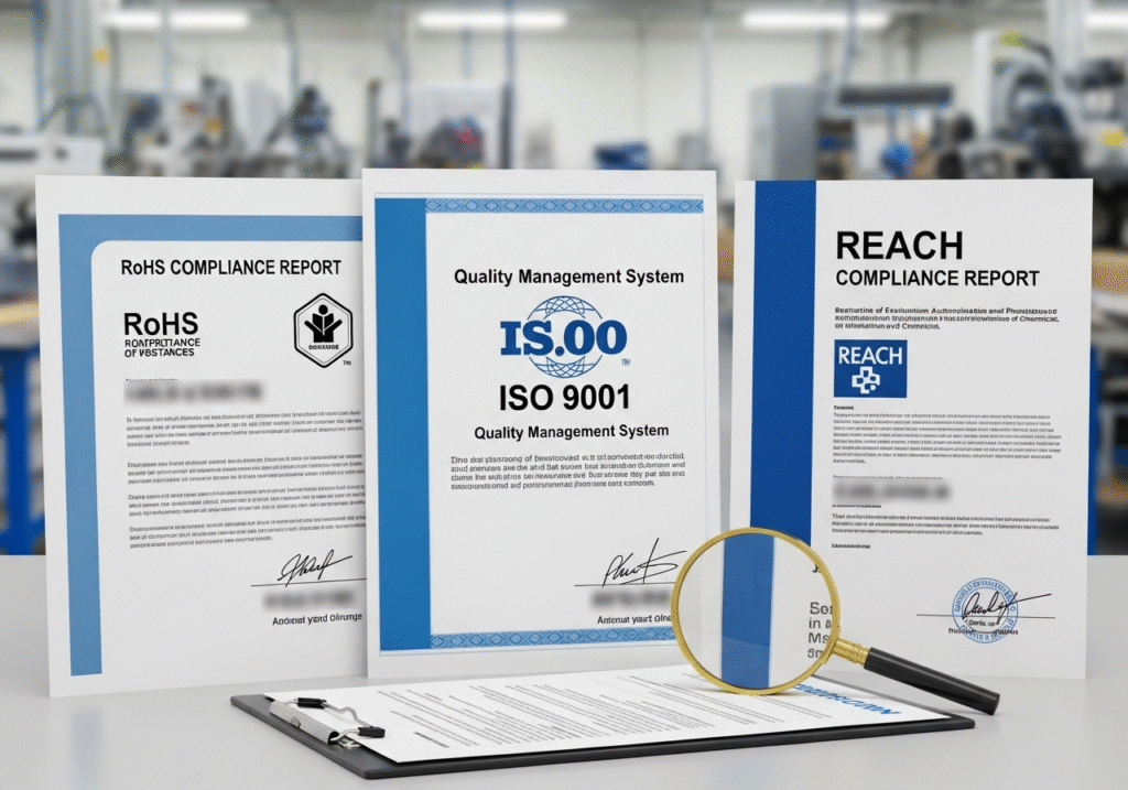 A collection of certification logos like ISO 9001, RoHS, and REACH