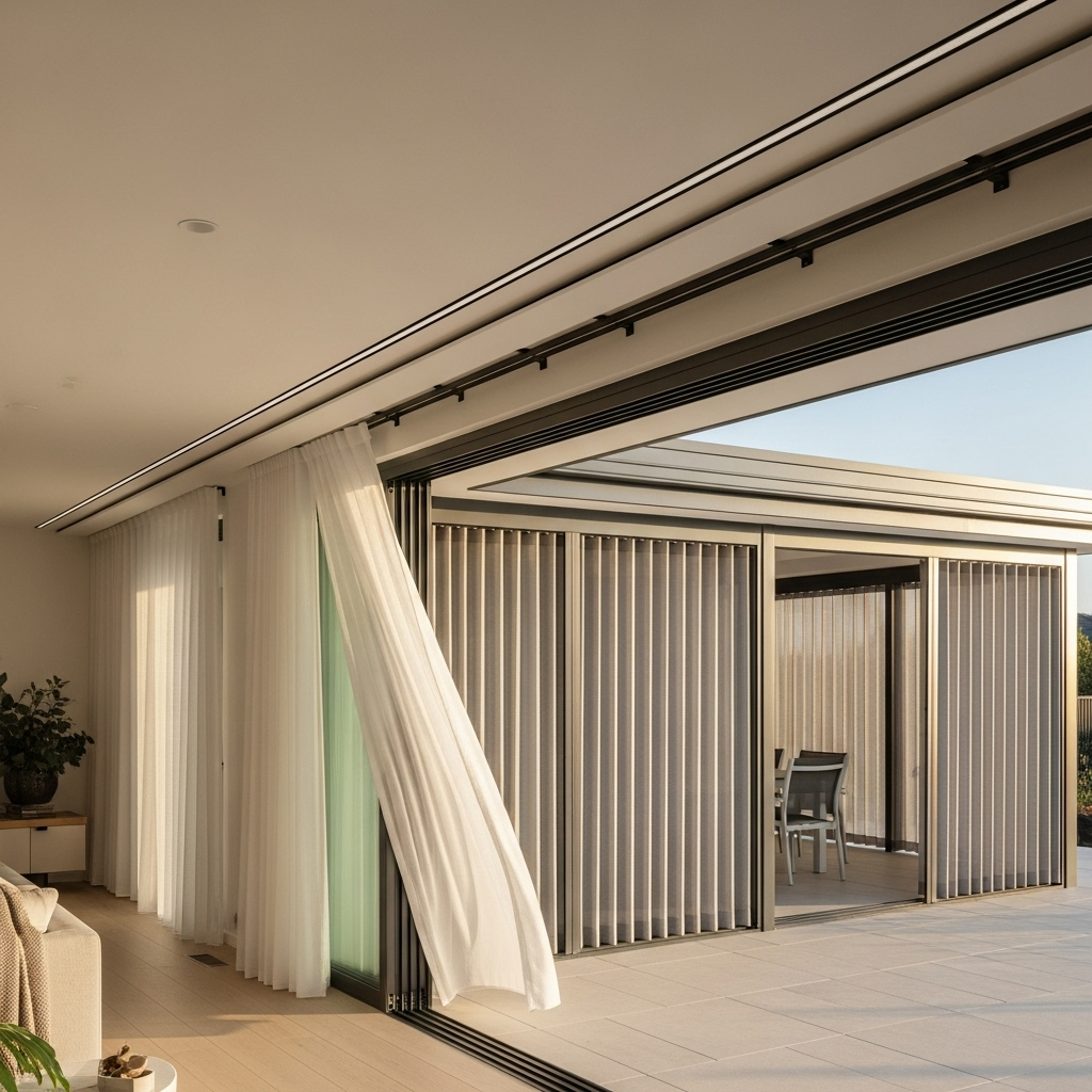 Ceiling-mounted sheer curtains on a track in an Australian home with a view