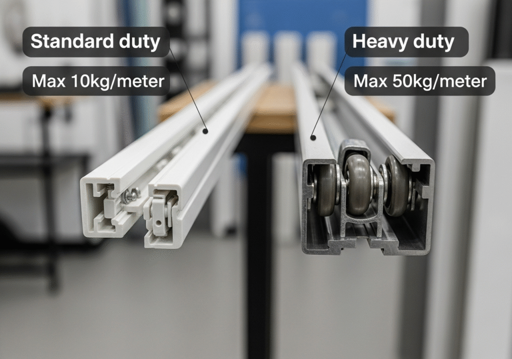 An infographic illustrating the weight capacity of different curtain tracks